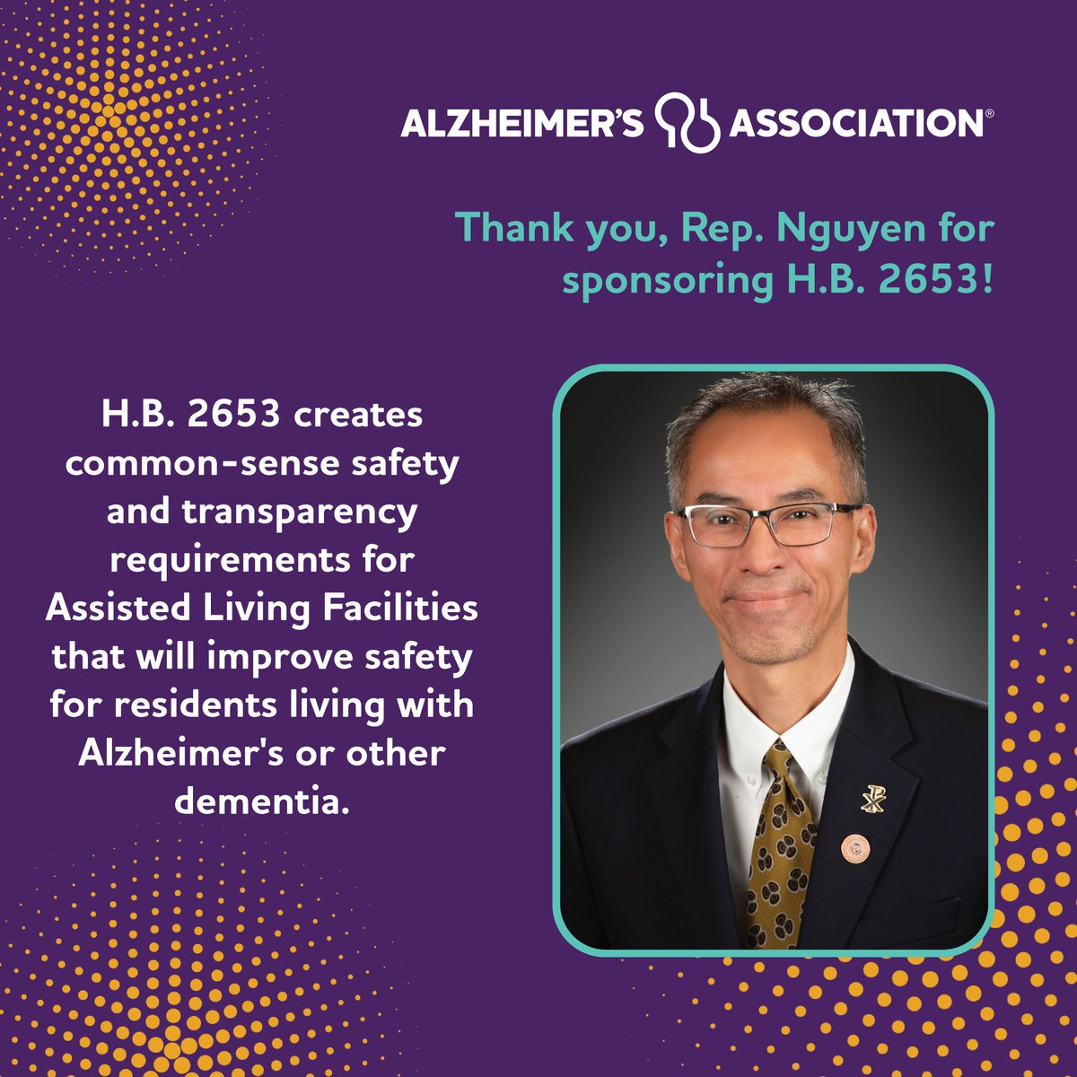 Tory Roberg #endALZ (@tory_roberg) on Twitter photo SOON! Arizona lawmakers in the #AZHouse will be debating and voting on H.B.2653. How you can help:
1. Ask your AZ Reps to vote YES - use our online webform p2a.co/houm2p7 to take action!
2. Pls RT to thank <a href="/QuangNguyenAZ/">Quang Nguyen</a> for his leadership!
#ENDALZ #HB2653 #Alzheimers SOON! Arizona lawmakers in the #AZHouse will be debating and voting on H.B.2653. How you can help:
1. Ask your AZ Reps to vote YES - use our online webform p2a.co/houm2p7 to take action!
2. Pls RT to thank <a href="/QuangNguyenAZ/">Quang Nguyen</a> for his leadership!
#ENDALZ #HB2653 #Alzheimers