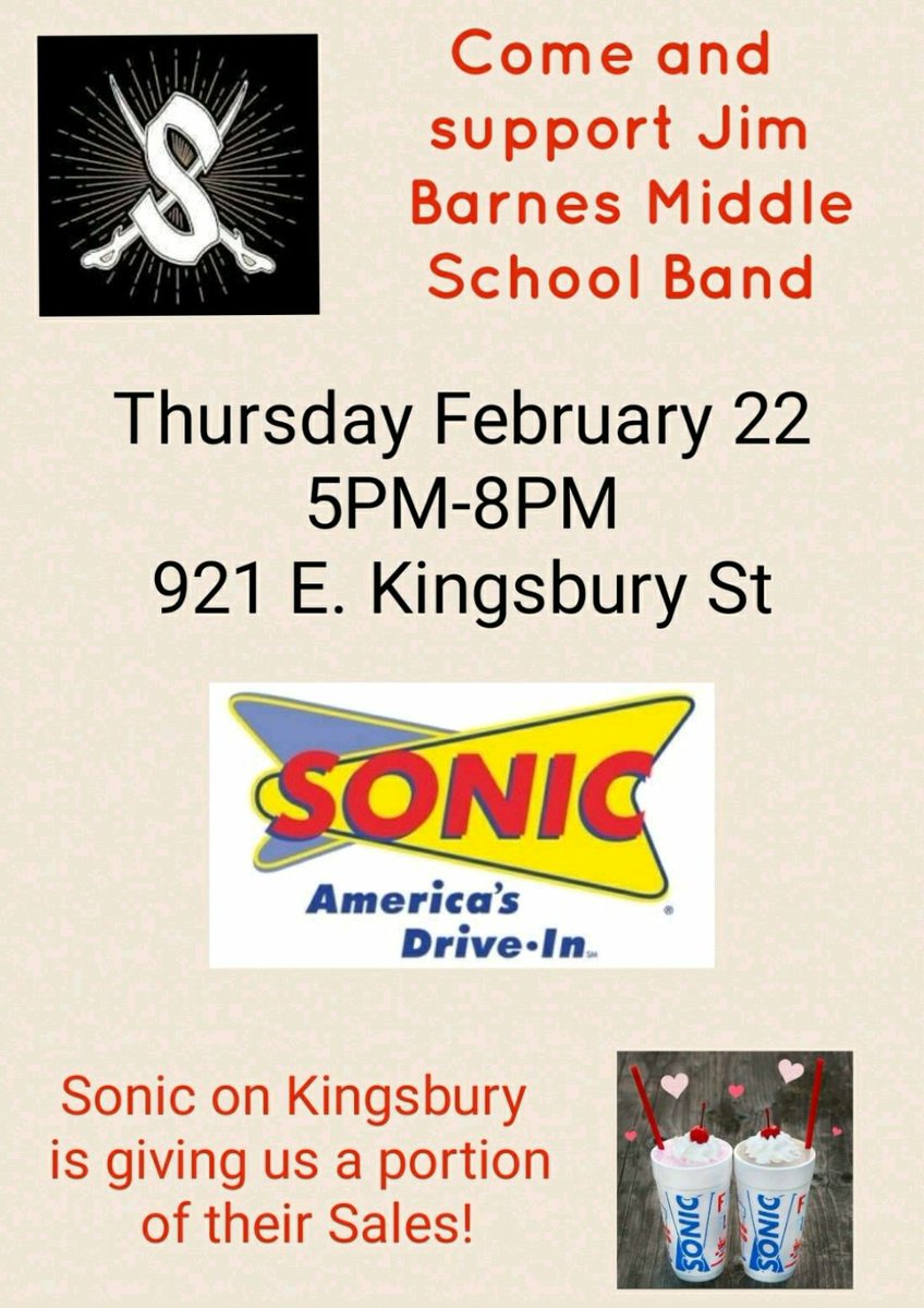 Come on out to SONIC on 921 Kingsbury tomorrow night (Thursday) to help support our Barnes Band!!

<a href="/JimBarnesMS/">Jim Barnes Middle School</a>