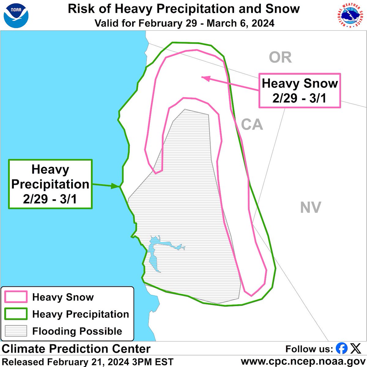 NWSCPC's tweet photo. After a welcome break, moderate to locally heavy precipitation returns to Northern California later next week, leading to possible flooding in lower elevations and heavy snow at higher elevations. https://t.co/miSniPvsny https://t.co/gPZvJlhceM