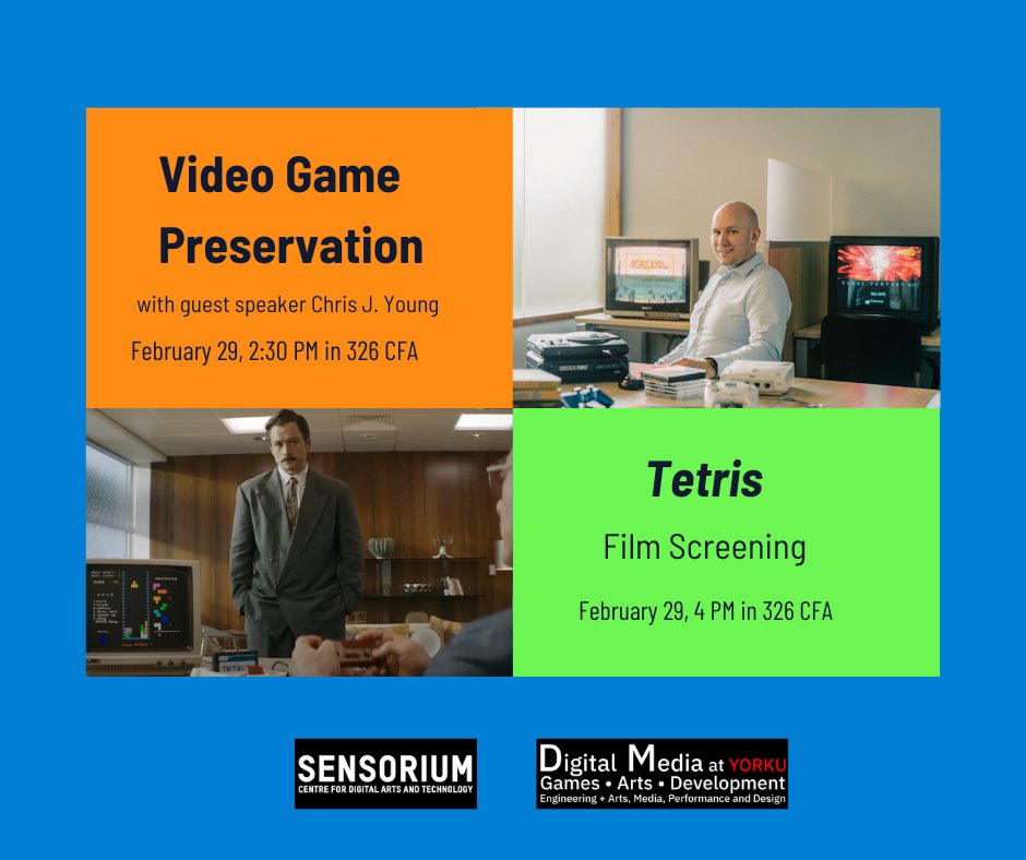 YorkU - Sensorium (@yorkusensorium) on Twitter photo Sensorium + Digital Media presents Video Game Preservation, a talk by Chris J. Young from UTM Library. Following the talk there will be a screening of Tetris (2023). Join us on Feb 29 in the Flex Space at 2:30 for this great event! RSVP to helen2@yorku.ca Sensorium + Digital Media presents Video Game Preservation, a talk by Chris J. Young from UTM Library. Following the talk there will be a screening of Tetris (2023). Join us on Feb 29 in the Flex Space at 2:30 for this great event! RSVP to helen2@yorku.ca