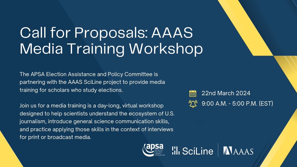 Scholars delving into election studies, mark your calendars! APSA's Election Assistance & Policy Committee collaborates with @RealSciLine to provide media training in March 2024. Apply by February 25, 2024: apsa.wufoo.com/forms/z1mewuh5…