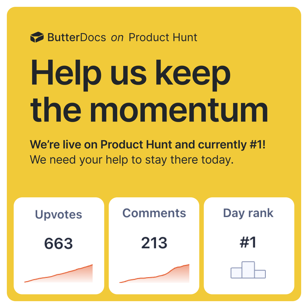 ButterDocsHQ's tweet photo. Must. keep. going. 

We must not let Google win! 

ButterDocs is live on Product Hunt and it is a heated battle at the top of the rankings. 😅

Will you help us keep the #1 spot through the rest of the day? 

https://t.co/dneLMbFim7 https://t.co/ioEi3eeesH