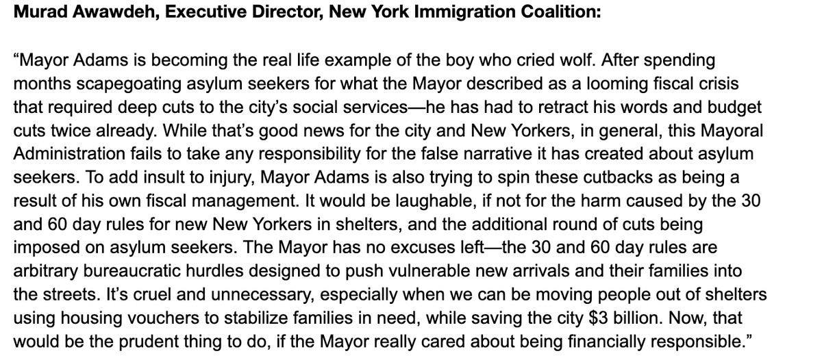 🚨 STATEMENT: Adams Retracts Budget Cuts, But Continues Scapegoating Asylum Seekers 'To add insult to injury, Mayor Adams is also trying to spin these cutbacks as being a result of his own fiscal management,' @HeyItsMurad 🔗: nyic.org/2024/02/adams-…
