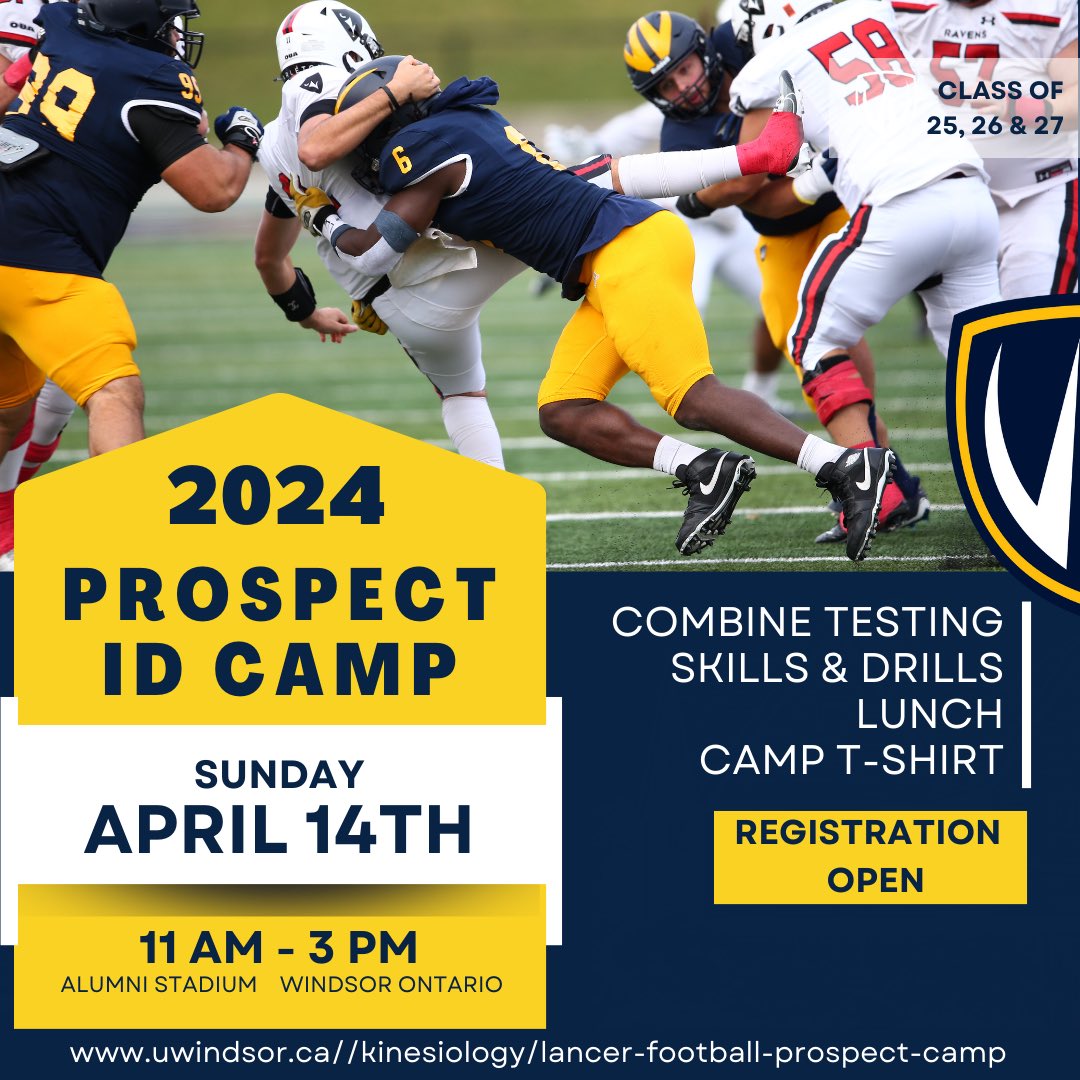 🚨Registration is now open for our 2024 Prospect ID camp. 🚨 Combine testing 🏃🏾‍♂️💨 On-field Drills and Competition📈 Camp T-shirt & Lunch Provided🔵🟡 Come show out and work! 💪 🏈Class of 25/26/27, transfers and unsigned players. 🔗 Registration link in Bio