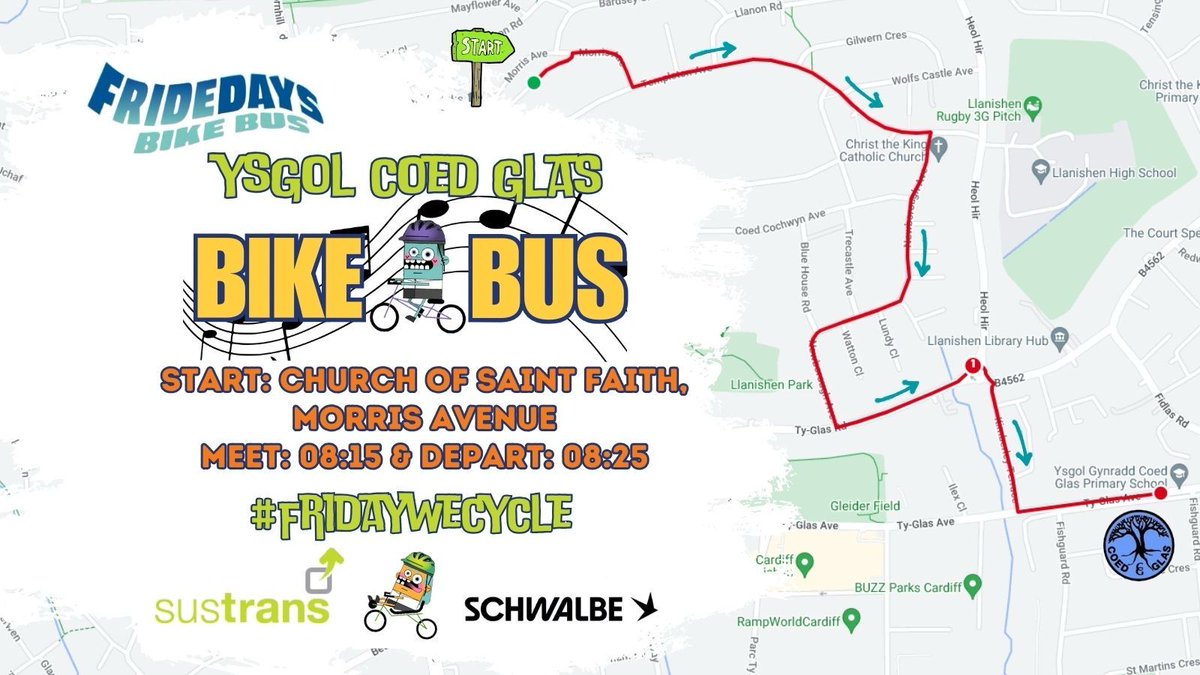 @CoedGlas we have our #BikeBus route ready for the 1st March St David's day ride!
You can meet us at the start or join us along the route. Meet at 8:15 on the green next to the church on Morris Avenue.
#FridayWeCycle