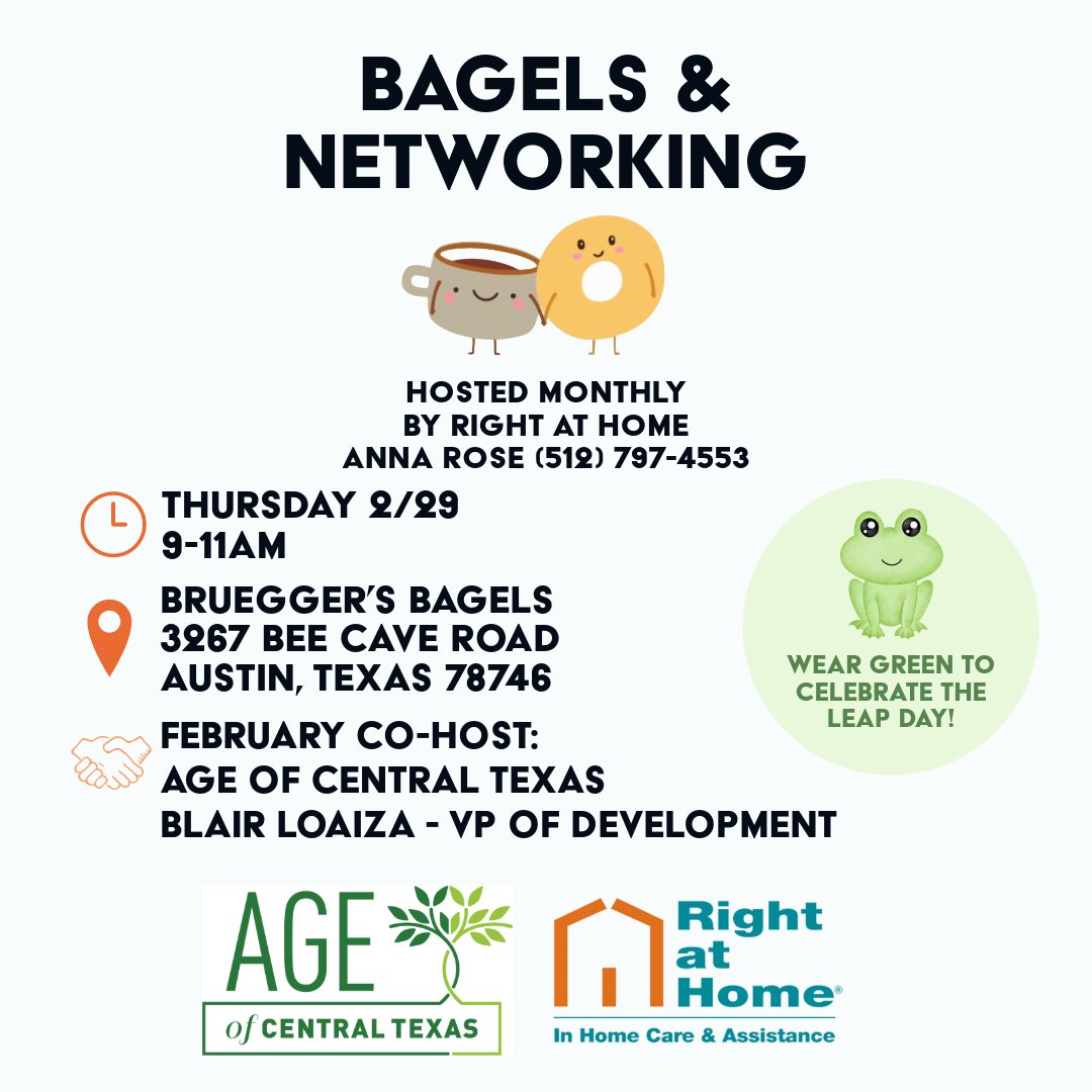 Join us at Bagels &amp; Networking at Bruegger's Bagels on 2/29, 9-11 AM! Hosted by Right at Home &amp; co-hosted by AGE of Central Texas, connect with senior industry professionals in the Austin community. We look forward to seeing you there! #Networking #RightAtHome #AgeOfCentralTexas