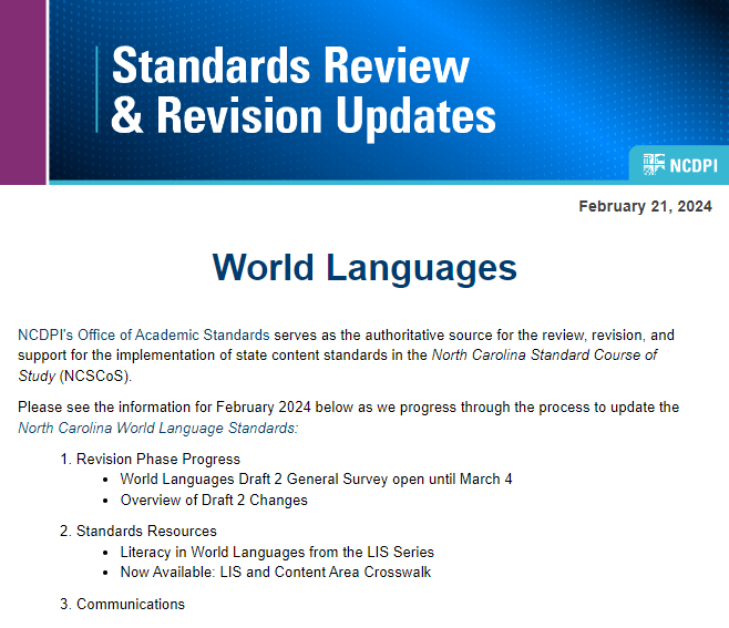 February's @ncpublicschools #NCWLstandards #SettingTheStandard news is at content.govdelivery.com/accounts/NCSBE… and it includes an overview of Draft 2 changes plus the survey for public feedback and new #literacy resources! @FLANC_WorldLang