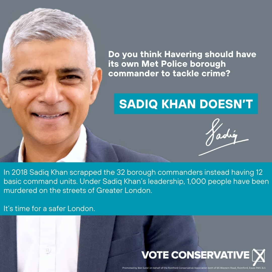 RomfordCA's tweet photo. Under Sadiq Khan crime has soared in London. 

It's time for a change in how we do things. Susan Hall wants to bring back all 32 borough commanders which Khan scrapped in 2018. 

A big win for local policing.
https://t.co/MyUK8WwK6O https://t.co/TBk3nU00GQ