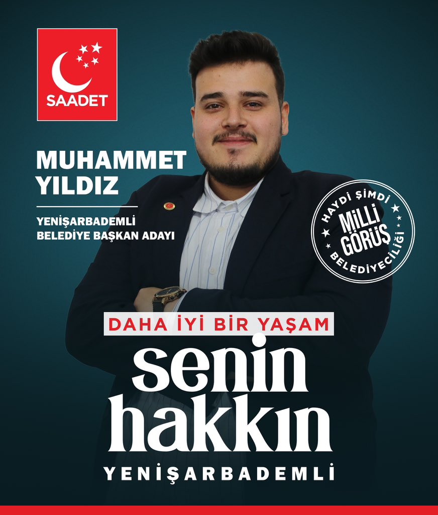 SaadetIsparta32's tweet photo. Muhammet Yıldız, Yenişarbademli’mize hayırlı olsun!
Daha İyi Bir Yaşam #SeninHakkın

#MilliGörüşBelediyeciliği anlayışıyla hizmet edecek olan Yenişarbademli Belediye Başkanı Adayımız Muhammet Yıldız’a ve teşkilatımıza başarılar dileriz. https://t.co/AJfXyhWukC