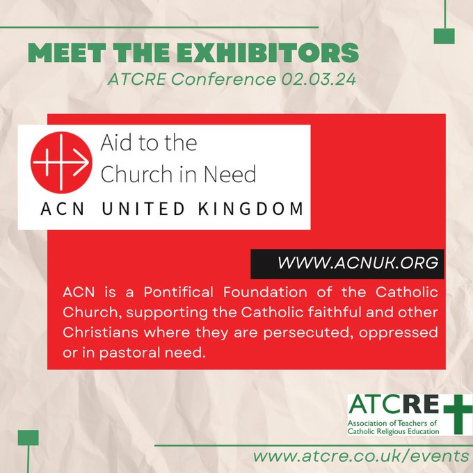 The first of our 'Meet The Exhibitors' who will be at the National RE Conference is @acnuk_co
They fund over 5,000 projects in more than 140 countries around world, helping to support the Church in its mission.  Book your tickets at atcre.co.uk/events #ATCRE2024