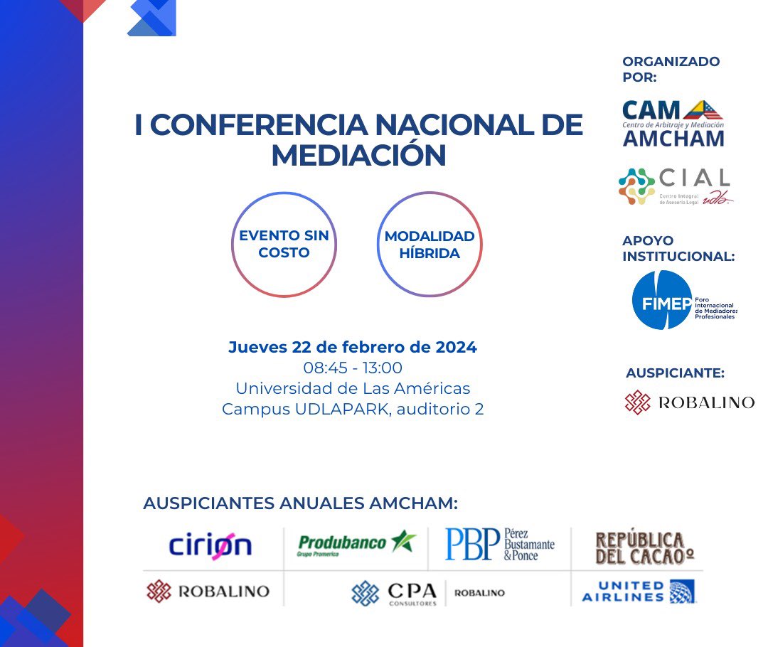udla_derecho's tweet photo. Te invitamos a participar en nuestra primera conferencia nacional de mediación, un evento que reúne a expertos y profesionales del campo de la mediación para compartir conocimientos, experiencias y buenas prácticas.

#DerechoUDLA https://t.co/t8TIe8A6in