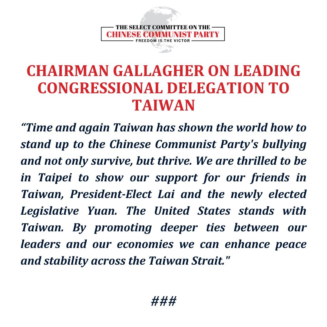 ChinaSelect's tweet photo. BREAKING: Chairman @chairmang announces his arrival in Taiwan, leading a congressional delegation featuring Ranking Member @CongressmanRaja, @RepMoolenaar, @RepDustyJohnson, and @RepMoulton. https://t.co/gxdscOcVEU