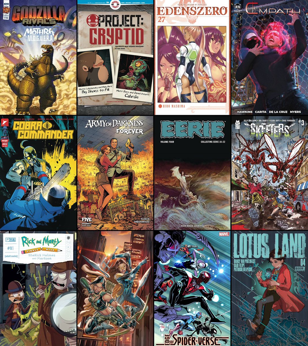 evaction's tweet photo. Get over hump day with fresh reading on this New Comic Book Day! #NCBD #NewComicsDay #NewComicbookDay #IDWPublishing #AhoyComics #KodanshaComics #BlackBoxComics #ImageComics #Skybound #DynamiteComics #DarkHorseComics #MadCaveStudios #OniPress #Zenescope #Marvel #BoomStudios https://t.co/EsfRQFBF3S