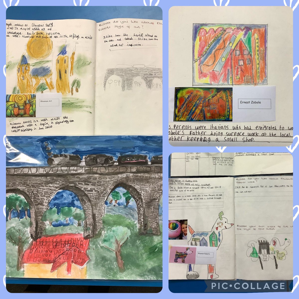 MissSChanning95's tweet photo. Dosbarth 8 have been researching Welsh artists independently and have been inspired by the different styles used by the artists, for their own Eisteddfod entries. I’m so glad we don’t have to judge these - gwaith arbennig plant 🌟 @garntegprimary @mrsnunderwood95 https://t.co/h3xbVHe9Of