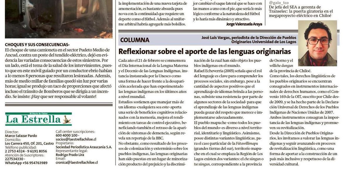 Kiñe pichi wirin con motivo de hoy 21 de febrero, conmemoración del Día Internacional de las Lenguas Maternas publicado en el Diario @estrellachiloe