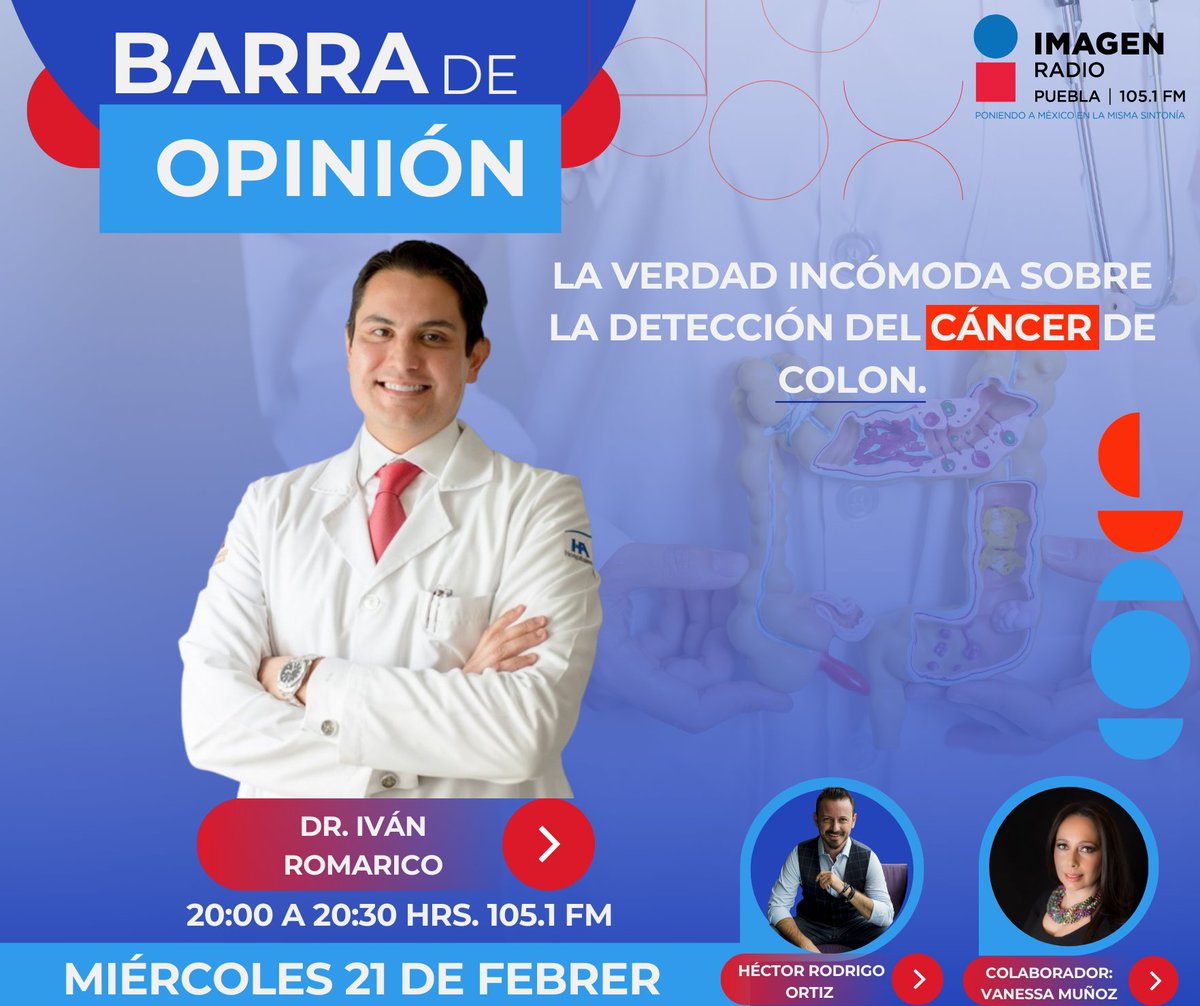 ¡Esta noche en 'Barra de Opinión'! 🎙️ Únete a la charla imprescindible con @Dr_Ivanoncologo sobre la detección del cáncer de colon.
Plus, especial colaboración de Vanessa Muñoz. 🕗 20:00-20:30 en 105.1FM. Conduce: @hectorrodrigomx
#Salud #PrevenciónCáncerColon