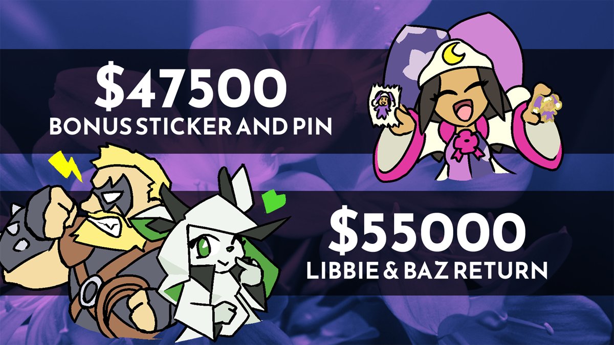 Now that we reached our goal, it's time for the next step! Stretch goals!! $47500 - With this amount, we'll include a bonus sticker and a third enamel pin, both featuring our new character! $55000 - This will let us bring back Libbie and Baz as playable characters!