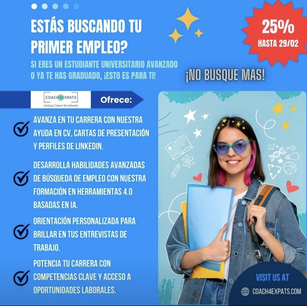 ♥️🌷Mariel Schaab 🇦🇷 🇳🇱 Coach4Expats (@marieschaab) on Twitter photo 🌍 25% OFF!! En <a href="/Coach4expats_ok/">Coach4expats | A world of job opportunities</a> estamos lanzando el programa MI PRIMER EMPLEO para estudiantes y graduados universitarios!
👉 Con este programa, trabajaremos juntos su CV, LinkedIn, Entrenamiento para entrevistas, Coaching Vocacional, Uso de herramientas de Inteligencia 🌍 25% OFF!! En <a href="/Coach4expats_ok/">Coach4expats | A world of job opportunities</a> estamos lanzando el programa MI PRIMER EMPLEO para estudiantes y graduados universitarios!
👉 Con este programa, trabajaremos juntos su CV, LinkedIn, Entrenamiento para entrevistas, Coaching Vocacional, Uso de herramientas de Inteligencia