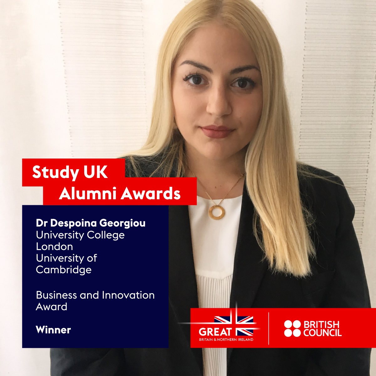 The wait is over! The #StudyUKAlumniAwards 2024 winners in 🇬🇷 have been announced!   🏆Culture and Creativity Award – Dr Despina Zacharopoulou, @RCA alumna   🏆 Business and Innovation Award – Dr Despoina Georgiou, @Cambridge_Uni & @ucl alumna   [1/2]