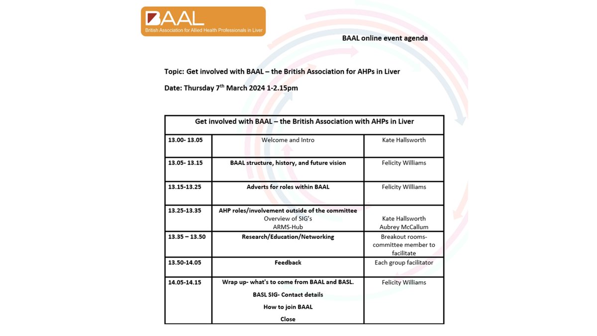 AHP working with patients with liver disease? Thurs 7 March, 13.00-14.15, online MS Teams ⭐️You don't need to be a BAAL member to attend ⭐️You can work in any healthcare setting - primary, secondary, tertiary, private Info below 👇 Register here: forms.gle/SkgpzwDU8PpwHa…