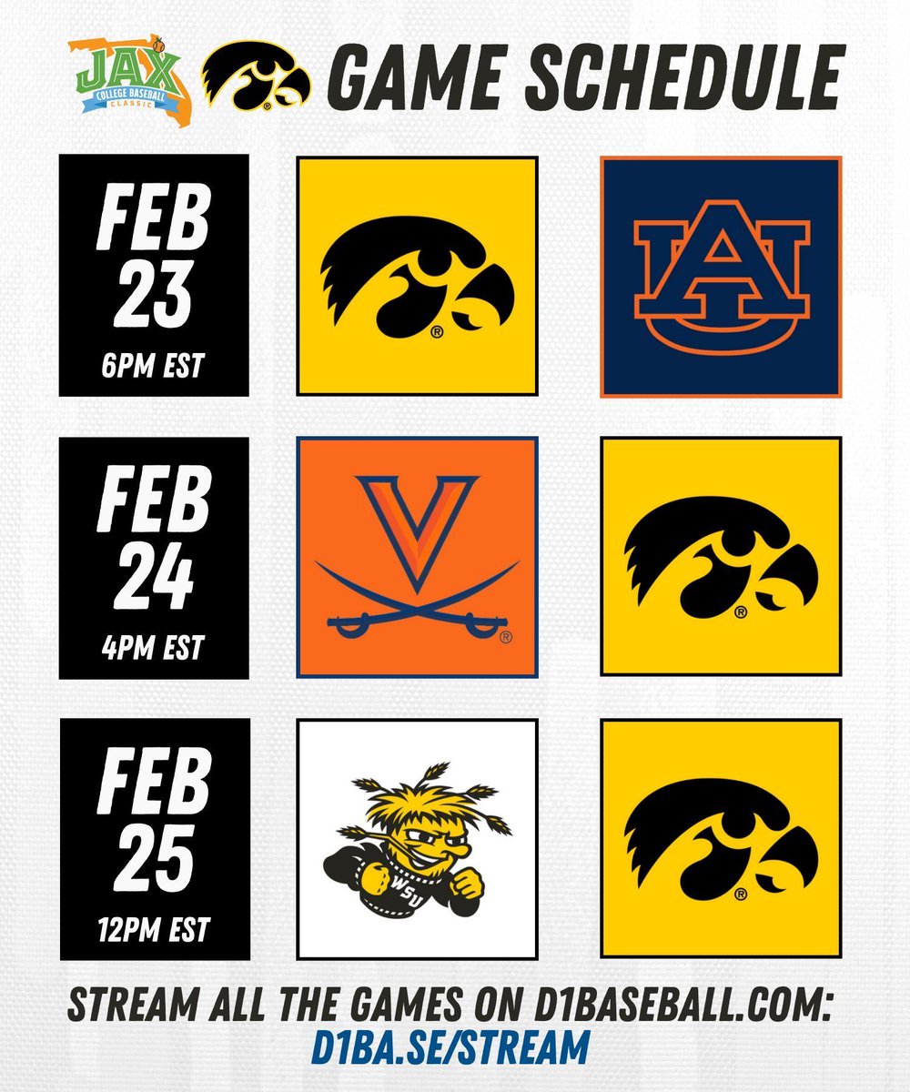 Hey, <a href="/UIBaseball/">Iowa Baseball</a> fans: 

Don't miss a second of this weekend's action at the <a href="/JaxCBC/">Jax College Baseball Classic ⚾️</a>! Stream all the games LIVE on the D1Baseball website. 💻 📺 

Streaming Subscription Options: d1ba.se/stream