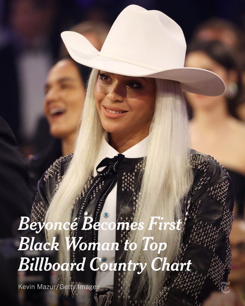 nytimes's tweet photo. Beyoncé’s new country single “Texas Hold ’Em” reached No. 1 on the Billboard country airplay chart this week, making her the first Black woman to hold the top spot. https://t.co/bSX031A5Ae https://t.co/HNmUIwZj7n