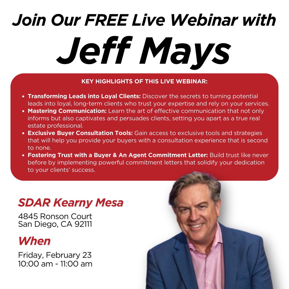 Join Jeff Mays of the Tom Ferry Organization for an immersive online experience that will leave you equipped and inspired to excel in the dynamic real estate market of 2024.
Register for the event today: hubs.la/Q02lShGq0