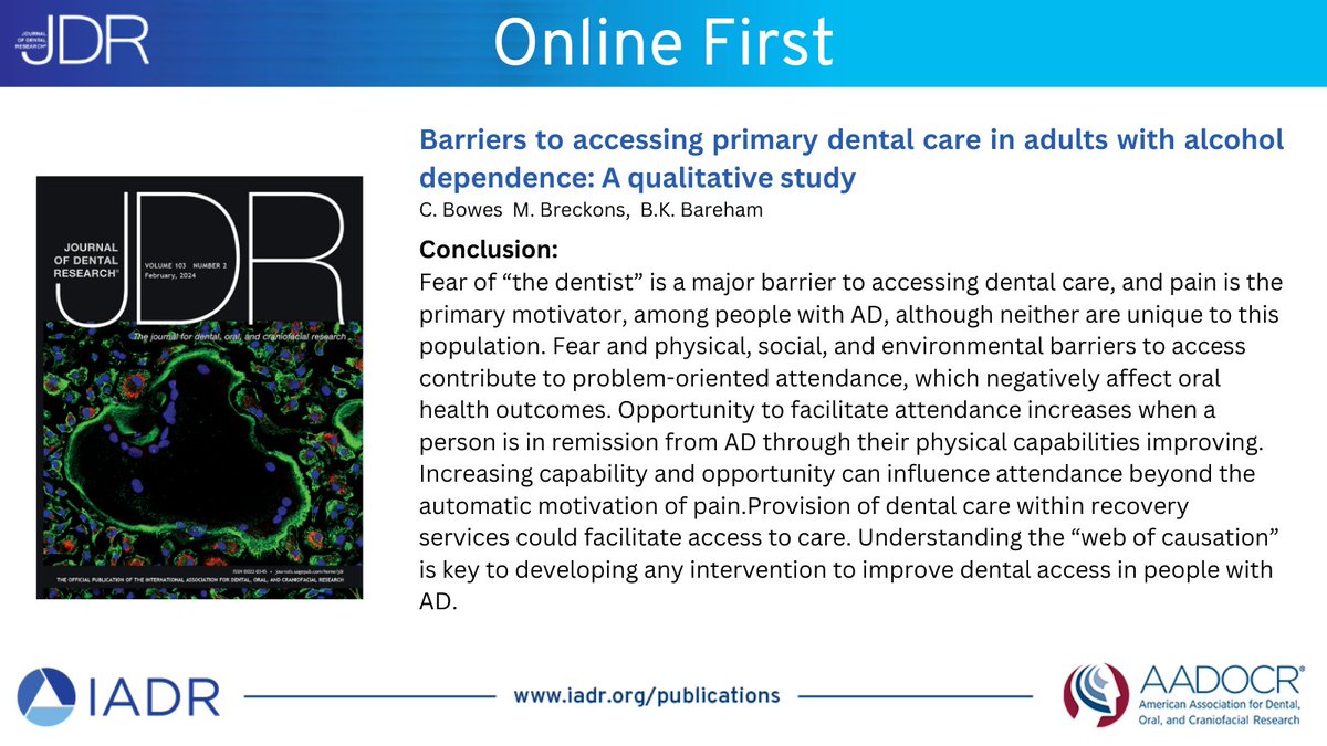 JDRClinTransRes's tweet photo. ONLINE FIRST!

Barriers to accessing primary dental care in adults with alcohol dependence: A qualitative study
https://t.co/4EM7tkWmfb @NickJakubovics @cbowes91
 #IADR #AADOCR #oralhealth https://t.co/nfXNbOwFAh