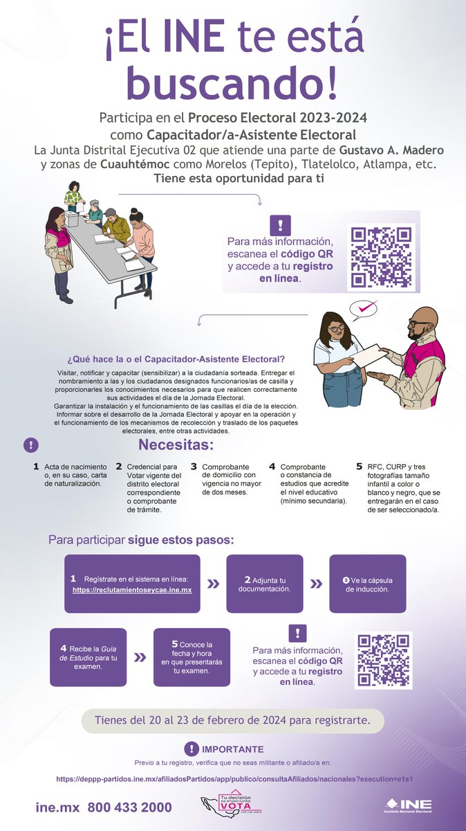 IECMDD09's tweet photo. ¿Te interesa trabajar en la 02 Junta Distrital Ejecutiva del @INEMexico en la #CDMX? Aquí esta la oportunidad que esperabas, sólo escanea el código QR y encontrarás toda la información necesaria. Tienes del 20 al 23 de febrero para registrarte.👇👇👇 https://t.co/FgLomEkf2o