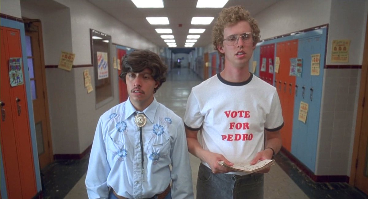 Evening Fiends. Back to #ComedyWeek #NowWatching Jared Hess's, Napoleon Dynamite (2004). Starring Jon Heder, Jon Gries, Aaron Ruell, Efren Ramirez, Tina Majorino, Sandy Martin, Diedrich Bader, Haylie Duff and Shondrella Avery. 'Vote for Pedro'