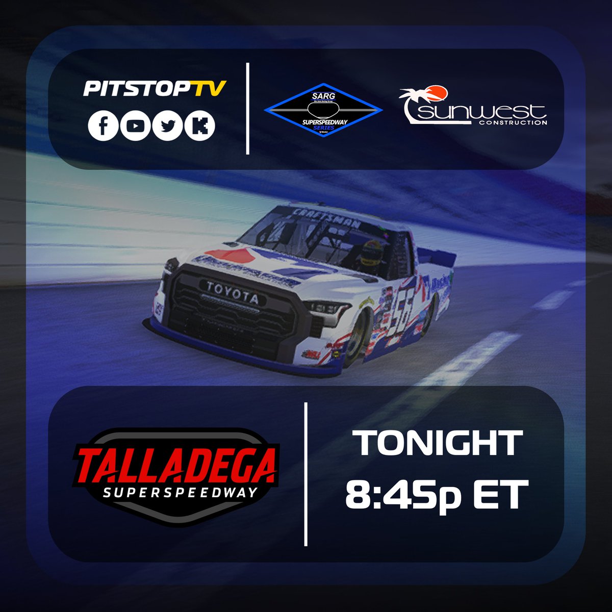 PitStopTV_'s tweet photo. TONIGHT: It's back to Dega for @sargofficial tonight - and if the first race here was any indicator, we're in for another wild race. Tune in!

📍: Talladega Superspeedway
⏰: 8:45p ET
📺: https://t.co/2GJ6CYVGRB

#iRacing | #PitStopTV | #SimRacing https://t.co/NtZ1KZa7On