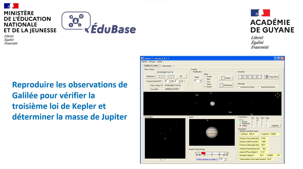 [Scénario pédagogique #PC]
TP : Vérification de la 3ème loi de Kepler et vérification de la masse de Jupiter (Logiciel Jupiter - #Python)
Une activité expérimentée en classe par l’<a href="/acguyane/">Académie de Guyane</a> plébiscitée sur #édubase
✅ Niveau : terminale spécialité
➡️ edubase.eduscol.education.fr/fiche/18978