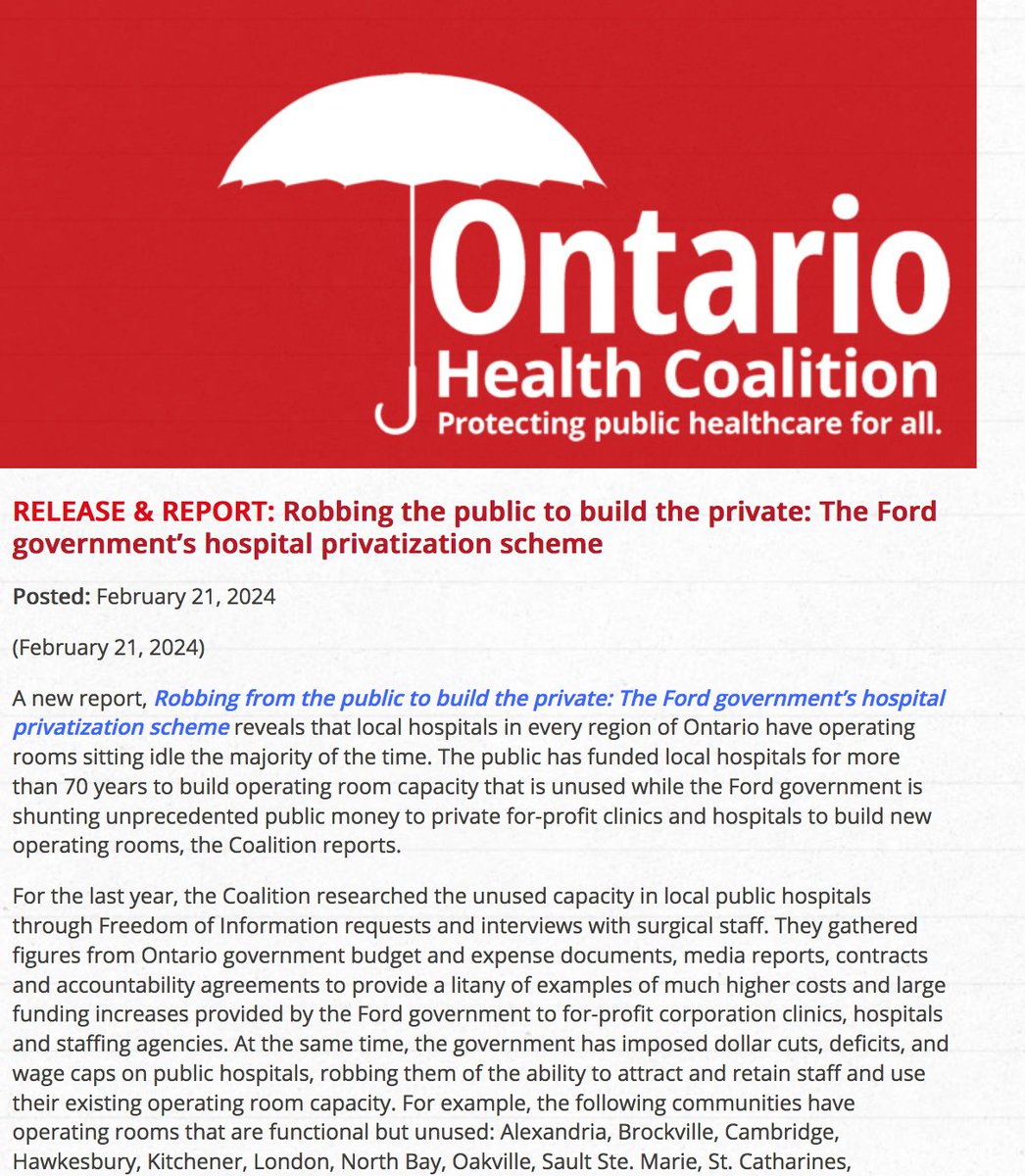 How @fordnation is Getting It Done in #healthcare. “Hundreds of million$ in public money is being used to dismantle and #privatize our public hospitals, robbing the public to build the private.' @NatalieMehra1 @OntarioHealthC #Notjusthighwayrobbery ontariohealthcoalition.ca/index.php/rele…