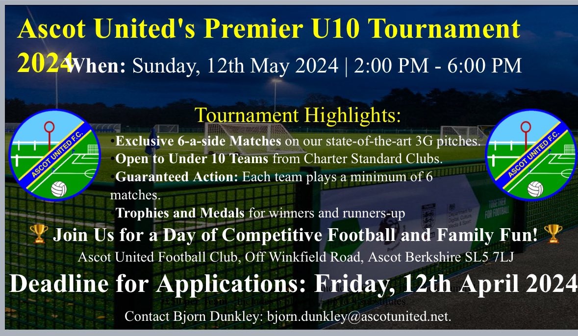 Come join the U10 football tournament at @AscotUnitedFC on 12th May. 
Limited places available. 

#footballTournament #Ascotunited #Ascot #U10Football #GrassrootsFootball #football