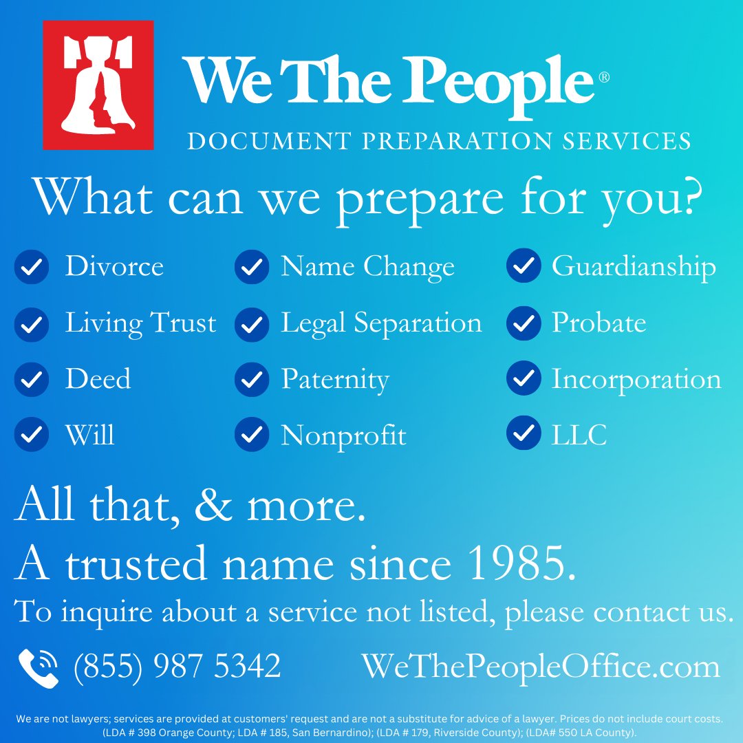 WTPLegal's tweet photo. Divorce, Wills, Name Changes-we cover it all!  With our experienced legal document assistants, you're never alone in handling life's important paperwork. Whether it's a chapter you're closing or a new one you're opening, we're here to help. For services not mentioned, reach out! https://t.co/Z7bBBIYnbO