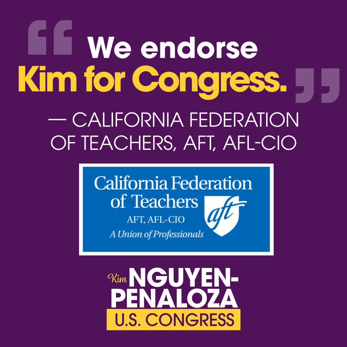votekimnguyen's tweet photo. Our nation's classroom teachers are #inittonguyenit! So proud to announce an endorsement from @CFTunion, who join CTA/NEA in endorsing our campaign.

As a product of public schools myself, I will always fight for a world-class public education for every student! #CA45 https://t.co/iS6jStQtkB