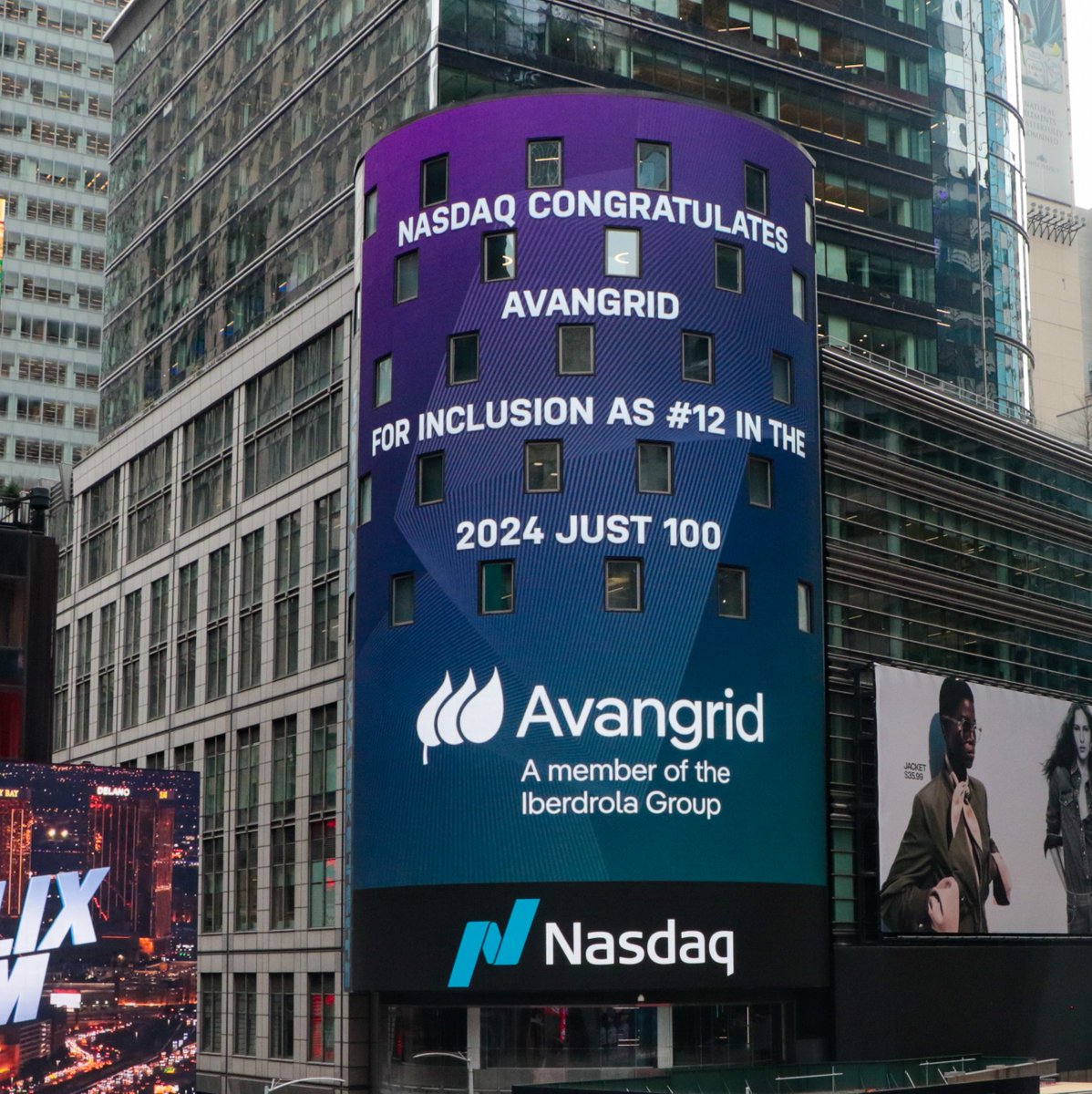 Thank you @Nasdaq! If you happened to be walking around NYC today, you may have caught a glimpse of this: Avangrid was honored on Nasdaq’s Times Square Tower for our recent leading rank on @JUSTCapital’s annual #JUST100 list. More: avangrid.com/w/nasdaq-s-tim…