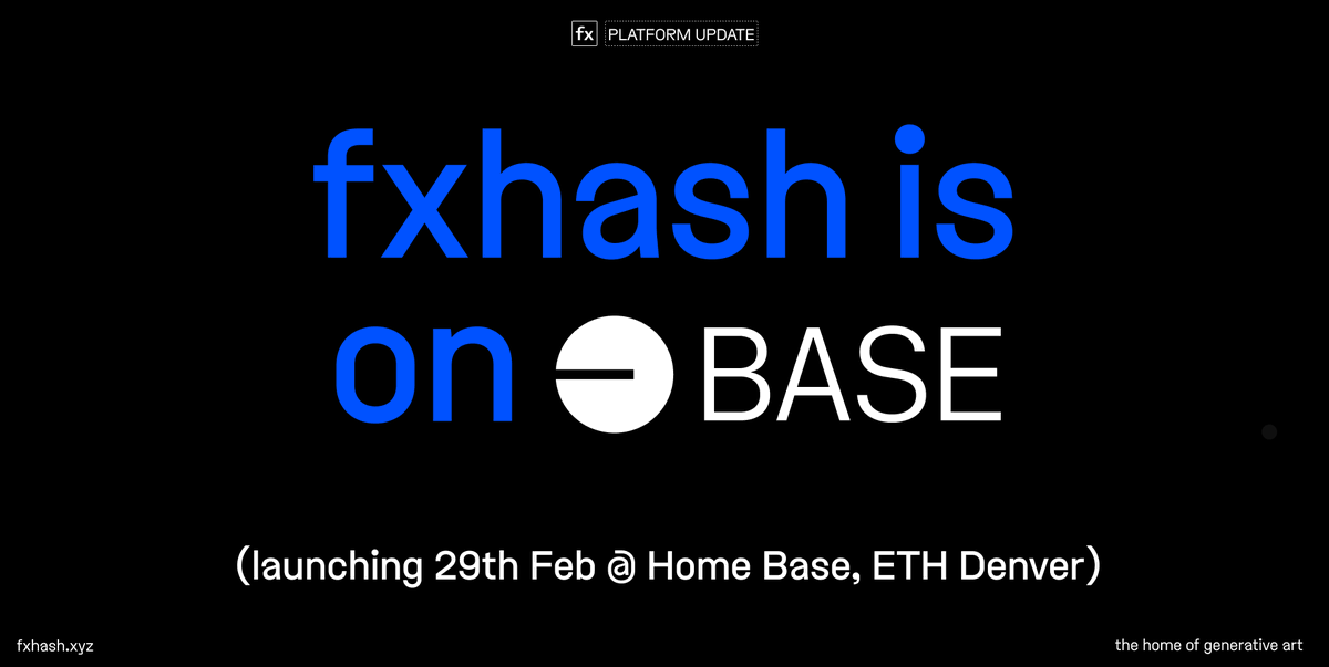 fxhash is on <a href="/base/">Base</a> 🔵
integration announcement

happy wednesday everyone ⇁ we're stoked to announce that we're officially building on <a href="/base/">Base</a> 🎆

this integration is a huge deal to us &amp; will significantly expand your powers &amp; reach as an artist or collector on fxhash. 

how so?
