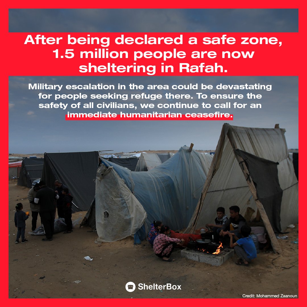 ShelterBox's tweet photo. 1.5 million people are crowded into #Rafah with no place else to go.

With the conflict escalating to agreed safe areas, we are continuing to join the call for an immediate humanitarian #ceasefire.

#CeasefireNow #IsraelGaza https://t.co/hlPj4lVOUK