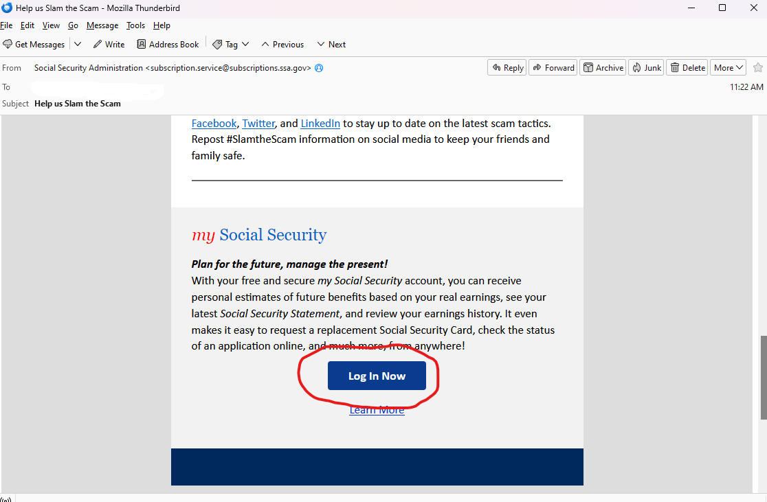 spellucci's tweet photo. @SocialSecurity I just received your Help us Slam the Scam email. Why in the world would you EVER ask someone to click on a link to log in? MAJOR SECURITY FAIL RIGHT HERE! Isn't that encouraging the very behavior you are trying to discourage? https://t.co/nARmAAFpQM
