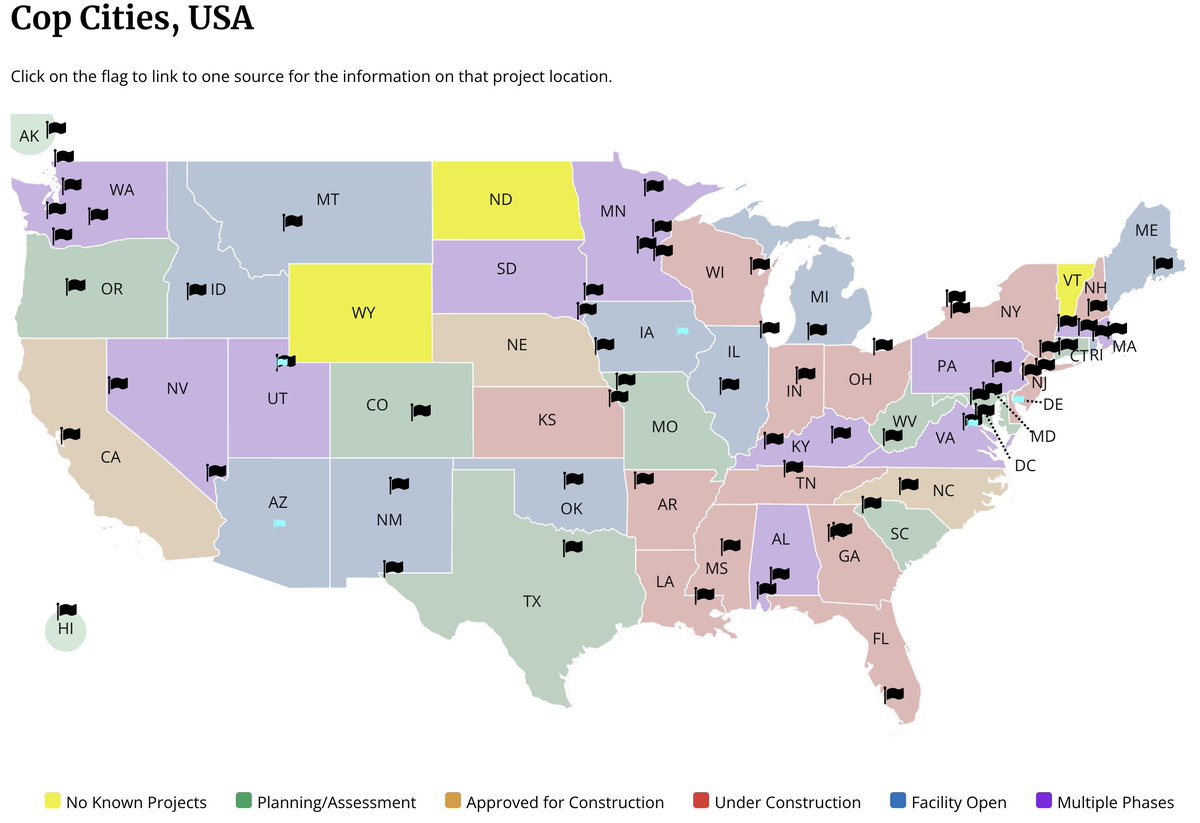 🚨 There are SIXTY-NINE Cop Cities being built or already built since 2020 across the US.

These urban counter-insurgency training centers are called euphemisms like "public safety facility."

The only states without plans for this type of project are ND, VT &amp; WY.

Interactive