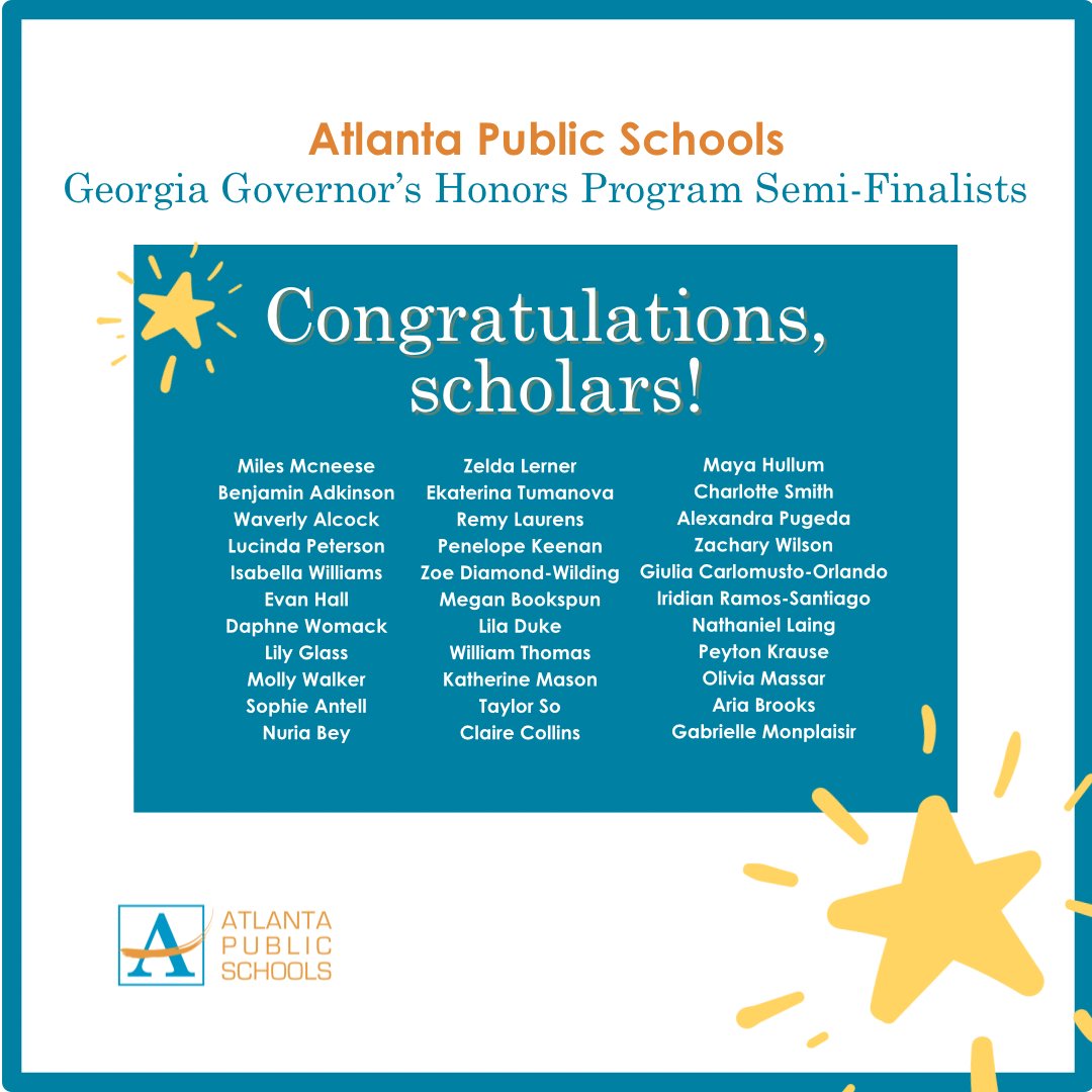 apsupdate's tweet photo. β APS proudly announces 34 students selected as Georgia Governorβs Honors Program semifinalists! π Their talent shines as they embark on a transformative journey toward leadership. GHP offers a unique summer experience cultivating future global leaders! #APSExcellence https://t.co/h8TUXRLbNq