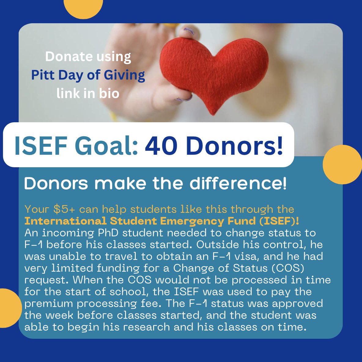 Who benefits from the funds donated to the International Student Emergency Fund?  Here is just one example!  Your $5 make a HUGE impact for our students. Please donate at the link in our profile. #pitt #piitdayofgiving2024 #pdog24 #pdog #H2P
