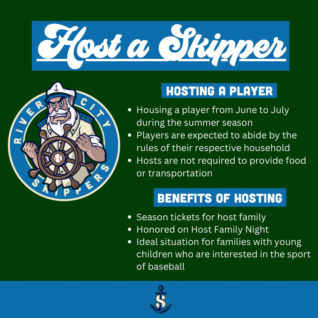 ⚓️ATTENTION⚓️ 

We’re looking for host family’s! If you’re interested in hosting a player or coach apply at rivercityskippers.com/host-a-player