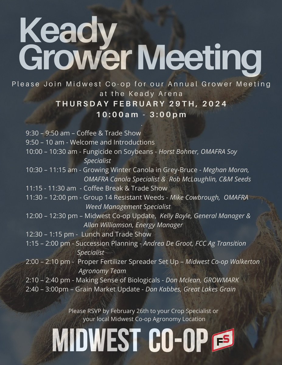 SAVE THE DATE! Midwest Co-op's Grower Meetings will be hosted in Keady (FEB 29) and Mount Forest (March 1) . Looking forward to a great day of learning and networking with fellow farmers and our suppliers! RSVP today by phone/text to 519-323-6844. #ontag