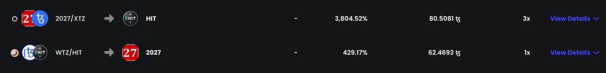 Meme coins are stronger together! 
Farm with us ✊

$2027/XTZ->$HIT farm
Current APR: 3,804% 🔥
crunchy.network/#/farms?q=1029

$HIT/XTZ-> $2027 farm
Current APR: 429%🔥
crunchy.network/#/farms?q=1028

#StrongerTogether #tezos2027 <a href="/tezos_hit_coin/">💩 Tezos $HITcoin 💩</a>