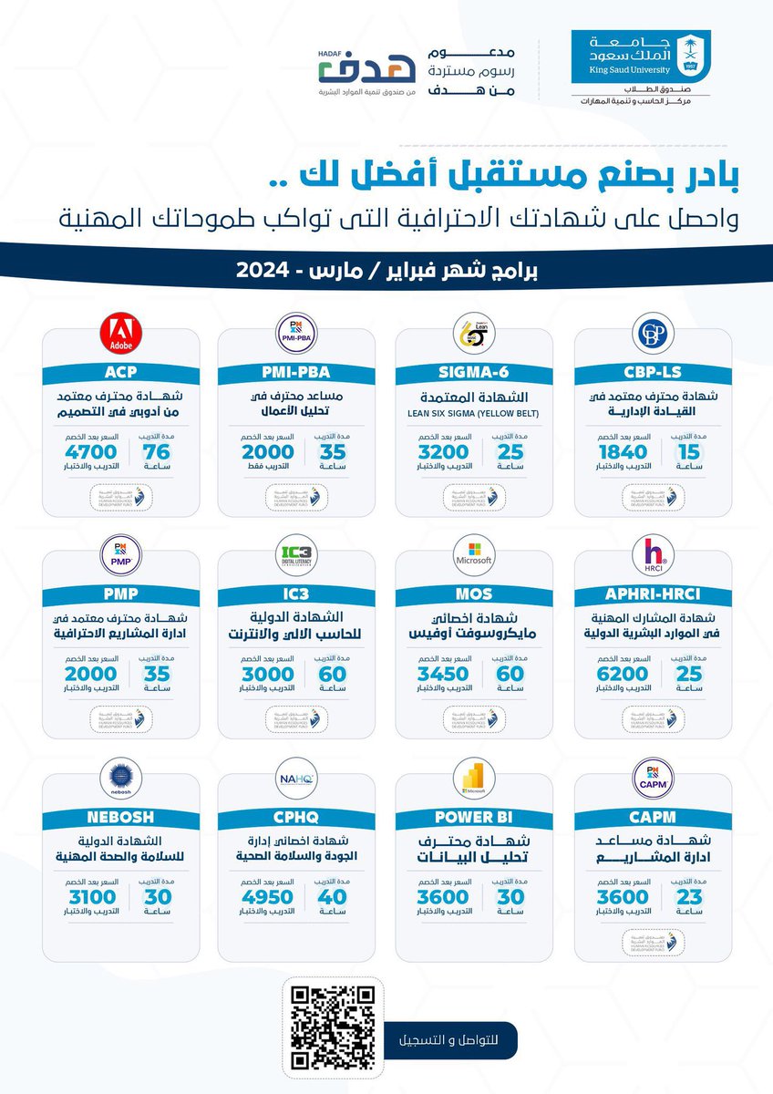 إذا وجدت (شهادة احترافية) تقدمها جامعة مرموقة فسجل فيها وأنت مغمض،
جامعة الملك سعود تقدم 12 شهادة احترافية في الأعمال والإدارة والتقنية والحاسب والموارد البشرية وغيرها.

كل هذه الشهادات مدعومة من صندوق الموارد البشرية (هدف) ويتم استرداد كامل رسومها للحاصل عليها.

للتفاصيل