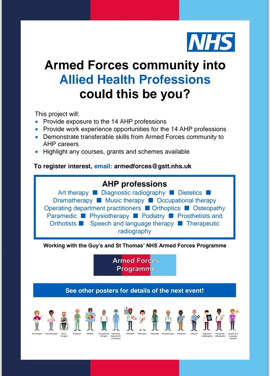 Members of the Armed Forces Community, whether transitioning forces, veteran career changers of family members - Could a long term sustainable career as an Allied health Professional be for you? Something else to consider than Logistics, Security, Defence. @GSTTnhs @NHSEngland