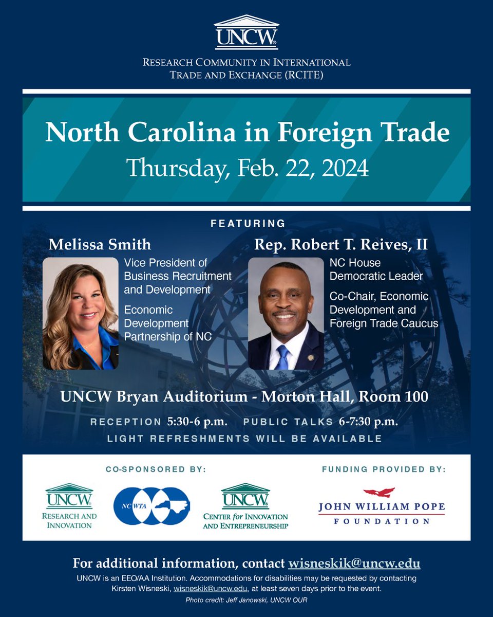 Join us tomorrow night to learn about North Carolina in Foreign Trade! Reception starts at 5:30pm and light refreshments will be available. Click the link below to learn more!

#innovation #entrepreneurship #uncw #uncwcie 

uncw.edu/myuncw/researc…