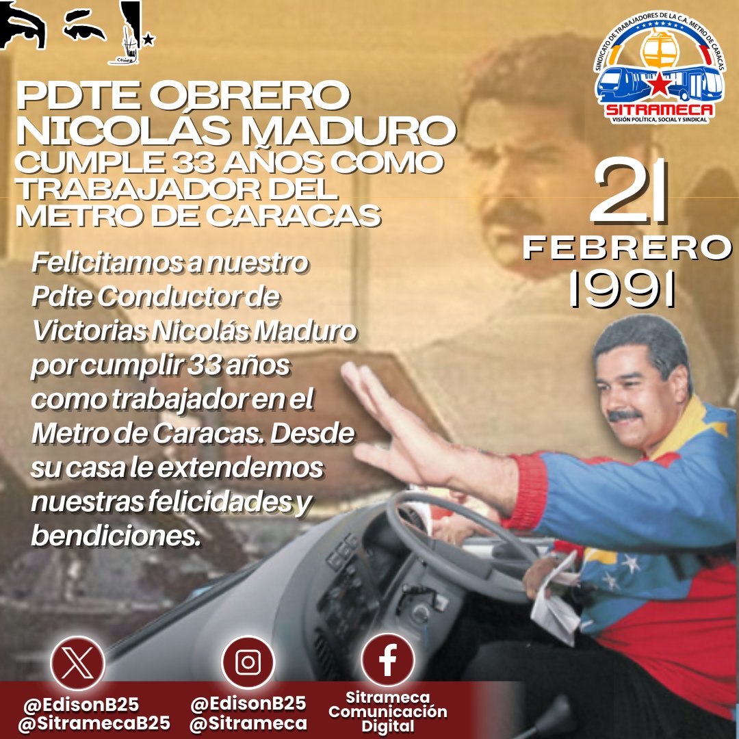 SitramecaB25's tweet photo. ✊🏾 Pdte Nicolás Maduro, nuestro líder @Edison25, sus hermanos de #SITRAMECA y cada mujer y hombre de nuestra Clase Obrera del Metro de Caracas celebramos sus 33 años como líder de este equipo, desde su casa sus hermanas y hermanos le mandamos un fuerte abrazo 🫂💪🏼🚇 https://t.co/i39mxrJB8Q